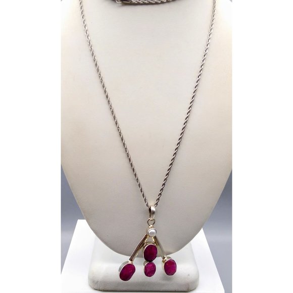 Modernist Pearl and Red Spinel Pendant in Sterling Silver on Silver Tone Rope - Picture 3 of 6